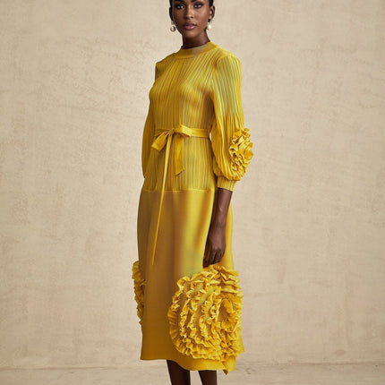Mirella Yellow 3D Petal Ruffled Midi Dress A-line silhouette ribbed bodice puff sleeves tied waist calf-length 100% Terylene composition