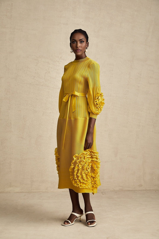 Mirella Yellow 3D Petal Ruffled Midi Dress A-line silhouette ribbed bodice puff sleeves tied waist calf-length 100% Terylene composition
