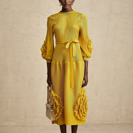 Mirella Yellow Midi Dress with 3D Petal Ruffled Design A-line Silhouette and Long Puff Sleeves