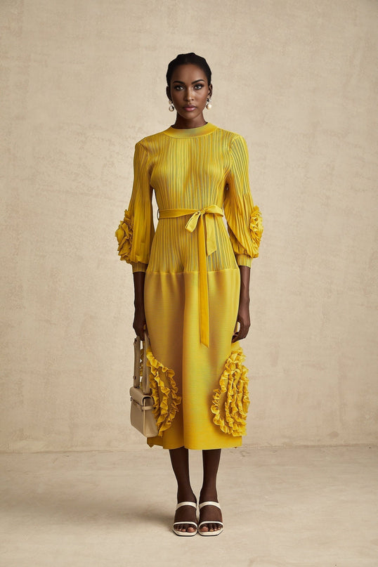 Mirella Yellow Midi Dress with 3D Petal Ruffled Design A-line Silhouette and Long Puff Sleeves