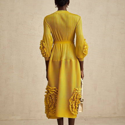 Mirella Yellow 3D Petal Ruffled Midi Dress A-line Silhouette Long Puff Sleeves Tied Waist 100% Terylene Composition