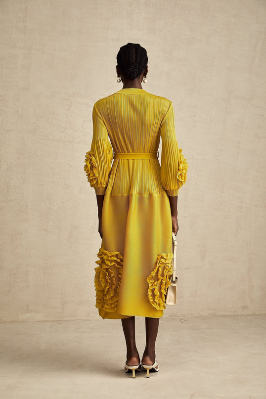 Mirella Yellow 3D Petal Ruffled Midi Dress A-line Silhouette Long Puff Sleeves Tied Waist 100% Terylene Composition