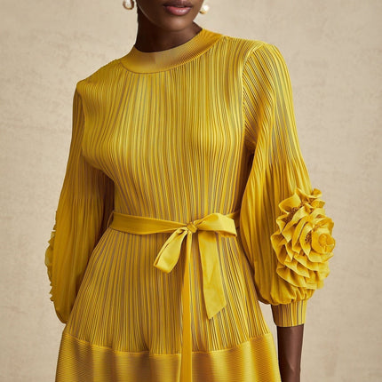 Mirella Yellow 3D Petal Ruffled Midi Dress A-line Silhouette Long Puff Sleeves Tied Waist