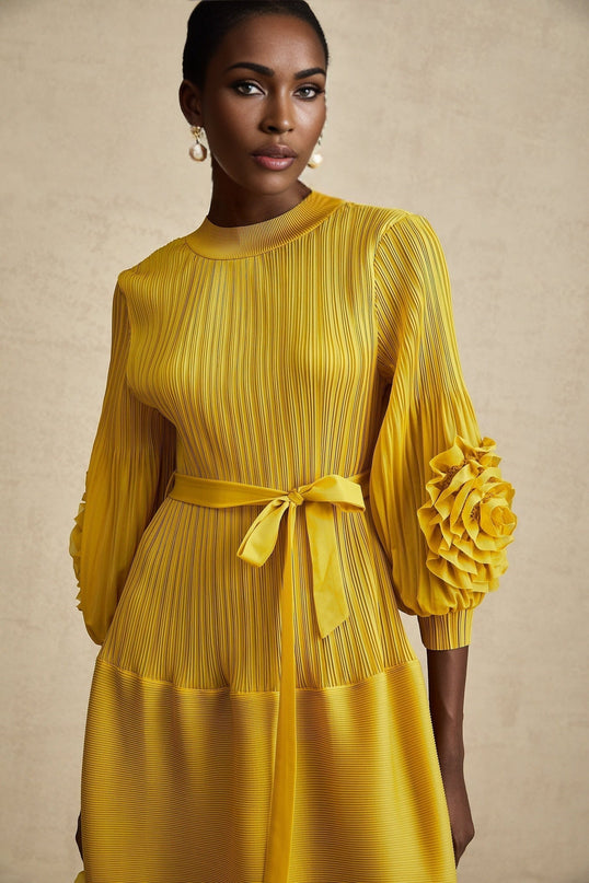 Mirella Yellow 3D Petal Ruffled Midi Dress A-line Silhouette Long Puff Sleeves Tied Waist