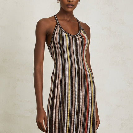 Miriam Brown Striped Knit Metallic Accents Halterneck Mini Dress