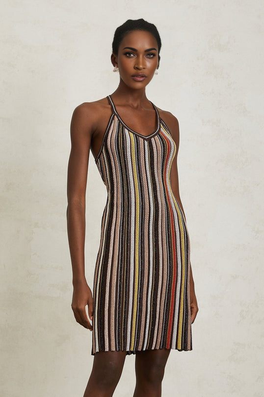 Miriam Brown Striped Knit Metallic Accents Halterneck Mini Dress