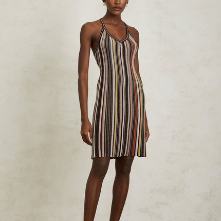 Miriam Brown Striped Knit Metallic Halterneck Mini Dress with Pleated Detailing