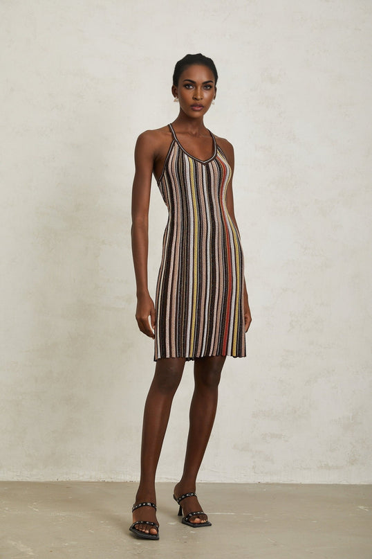 Miriam Brown Striped Knit Metallic Halterneck Mini Dress with Pleated Detailing