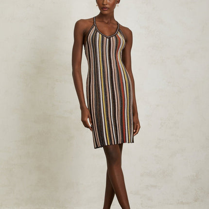 Miriam Brown Striped Knit Metallic Halterneck Mini Dress with Pleated Detailing