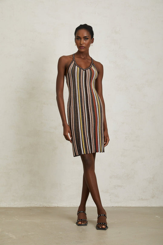 Miriam Brown Striped Knit Metallic Halterneck Mini Dress with Pleated Detailing