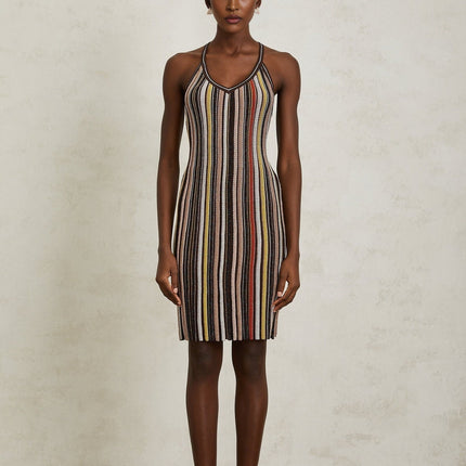 Miriam Brown Striped Knit Metallic Halterneck Mini Dress