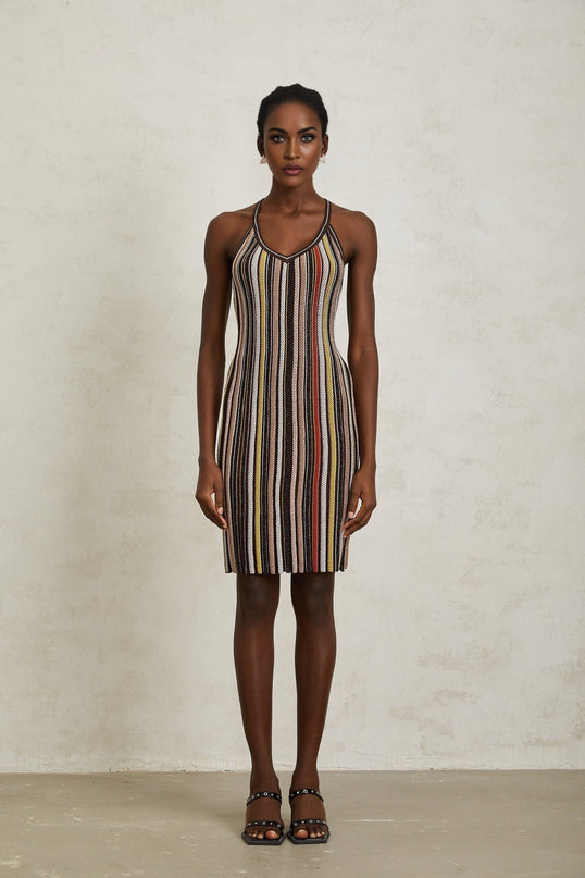 Miriam Brown Striped Knit Metallic Halterneck Mini Dress