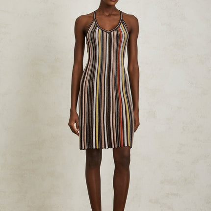 Miriam Brown Striped Knit Metallic Halterneck Mini Dress