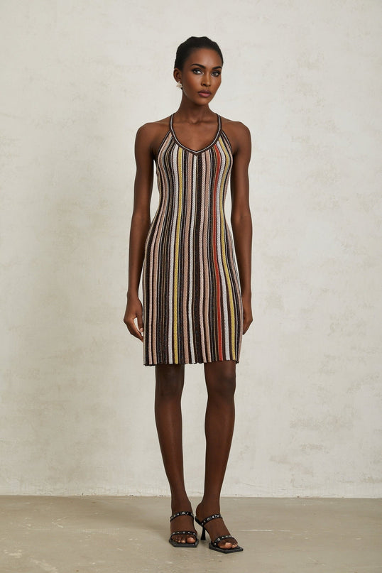 Miriam Brown Striped Knit Metallic Halterneck Mini Dress