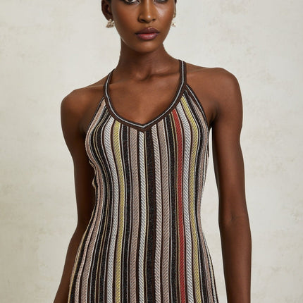 Miriam Brown Striped Knit Metallic Halterneck Mini Dress