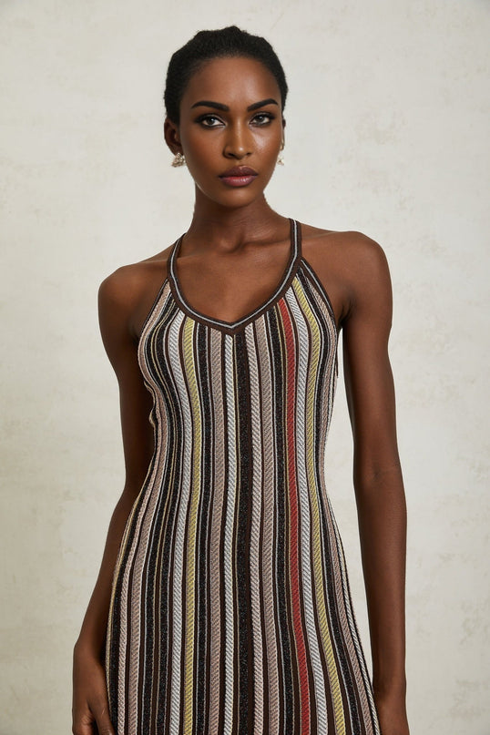 Miriam Brown Striped Knit Metallic Halterneck Mini Dress