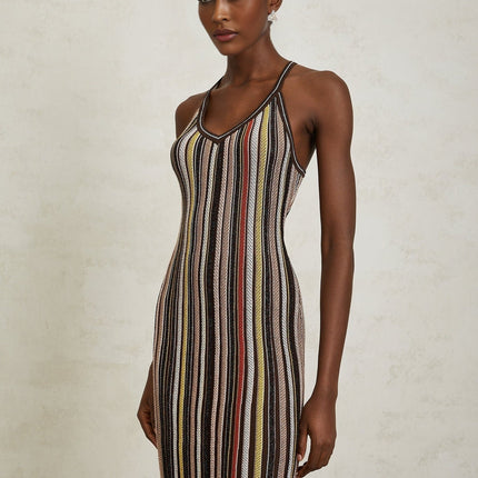 Miriam Brown Striped Knit Metallic Halterneck Mini Dress
