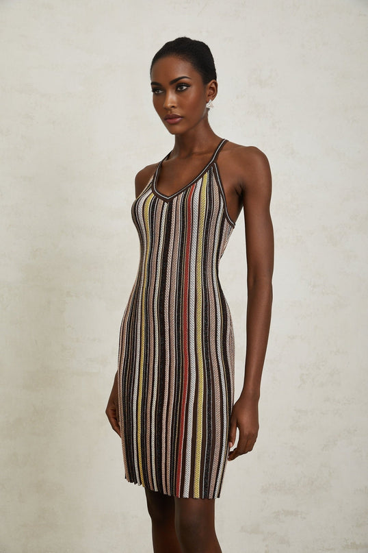 Miriam Brown Striped Knit Metallic Halterneck Mini Dress