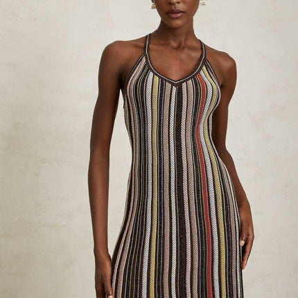 Miriam Brown Striped Knit Metallic Halterneck Mini Dress