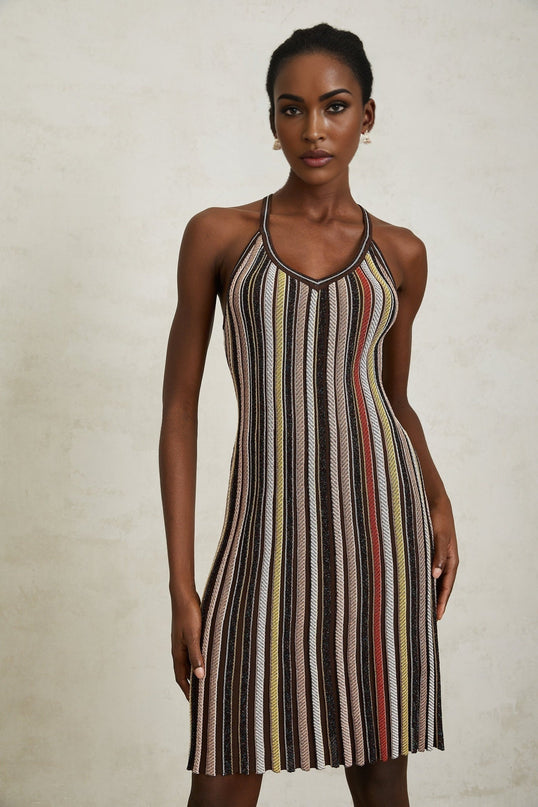 Miriam Brown Striped Knit Metallic Halterneck Mini Dress