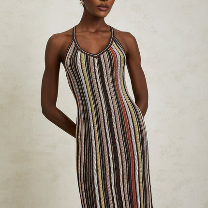 Miriam Brown Striped Knit Metallic Halterneck Mini Dress