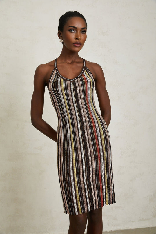 Miriam Brown Striped Knit Metallic Halterneck Mini Dress