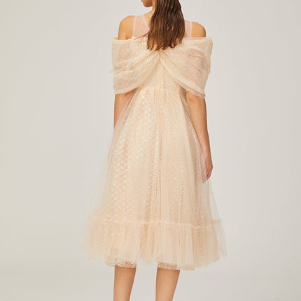 Miriam Check Pattern Midi Dress in Neutrals Sequin Embellished 3D Petal Detailing Off-Shoulder Layered Silhouette Full Lining Rear Zip Fastening 100% Polyamide