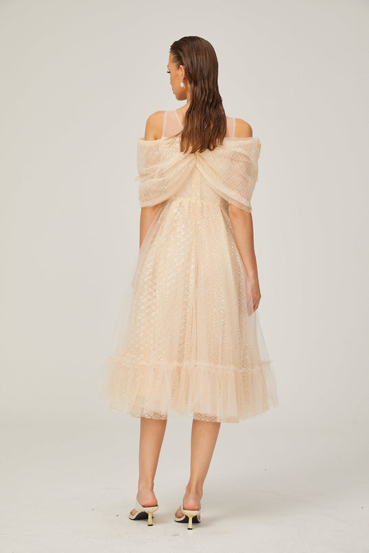 Miriam Check Pattern Midi Dress in Neutrals Sequin Embellished 3D Petal Detailing Off-Shoulder Layered Silhouette Full Lining Rear Zip Fastening 100% Polyamide