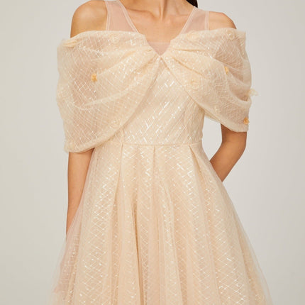Miriam Check Pattern Midi Dress in Neutrals Sequin Embellished 3D Petal Detailing Off-Shoulder Layered Silhouette Rear Zip Fastening 100% Polyamide