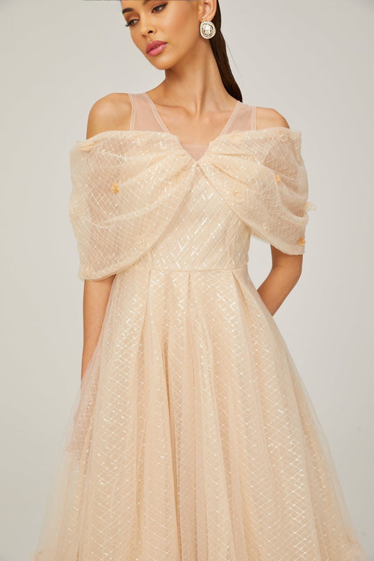 Miriam Check Pattern Midi Dress in Neutrals Sequin Embellished 3D Petal Detailing Off-Shoulder Layered Silhouette Rear Zip Fastening 100% Polyamide