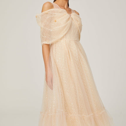 Miriam Check Pattern Midi Dress in Neutrals Sequin Embellished 3D Petal Detail Off-Shoulder Layered Silhouette Chic Rear Zip Fastening 100% Polyamide