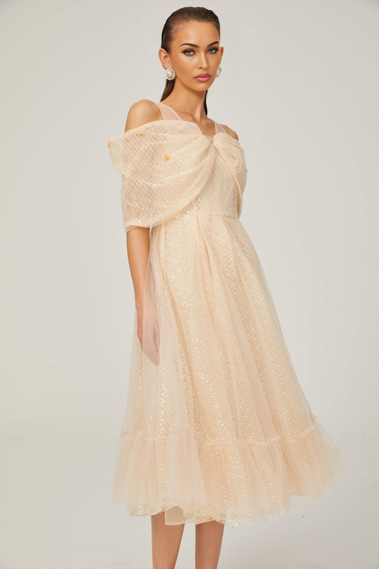 Miriam Check Pattern Midi Dress in Neutrals Sequin Embellished 3D Petal Detail Off-Shoulder Layered Silhouette Chic Rear Zip Fastening 100% Polyamide