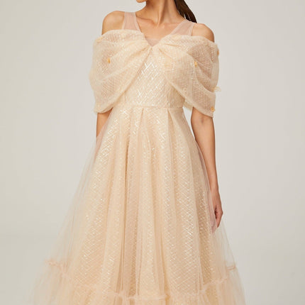 Miriam Check Pattern Midi Dress in Neutrals Sequin Embellished Off-Shoulder Layered Silhouette 3D Petal Detailing