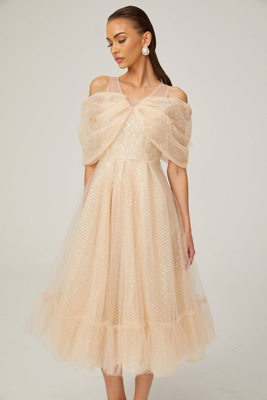 Miriam Check Pattern Midi Dress in Neutrals Sequin Embellished Off-Shoulder Layered Silhouette 3D Petal Detailing