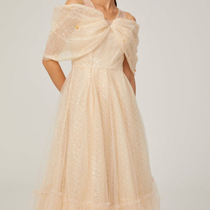 Miriam Check Pattern Midi Dress in Neutrals Sequin Embellished 3D Petal Detail Off-Shoulder Layered Silhouette Full Lining Rear Zip Fastening Below-Knee Length 100% Polyamide