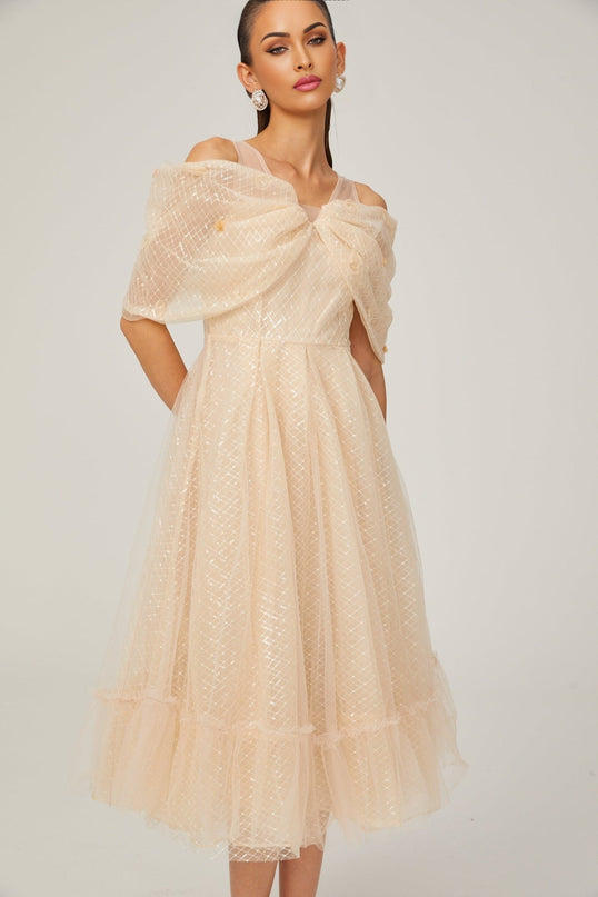 Miriam Check Pattern Midi Dress in Neutrals Sequin Embellished 3D Petal Detail Off-Shoulder Layered Silhouette Full Lining Rear Zip Fastening Below-Knee Length 100% Polyamide