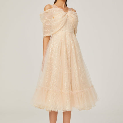 Miriam Check Pattern Midi Dress in Neutrals Sequin Embellished 3D Petal Detail Off-Shoulder Layered Silhouette Full Lining Rear Zip Fastening 100% Polyamide