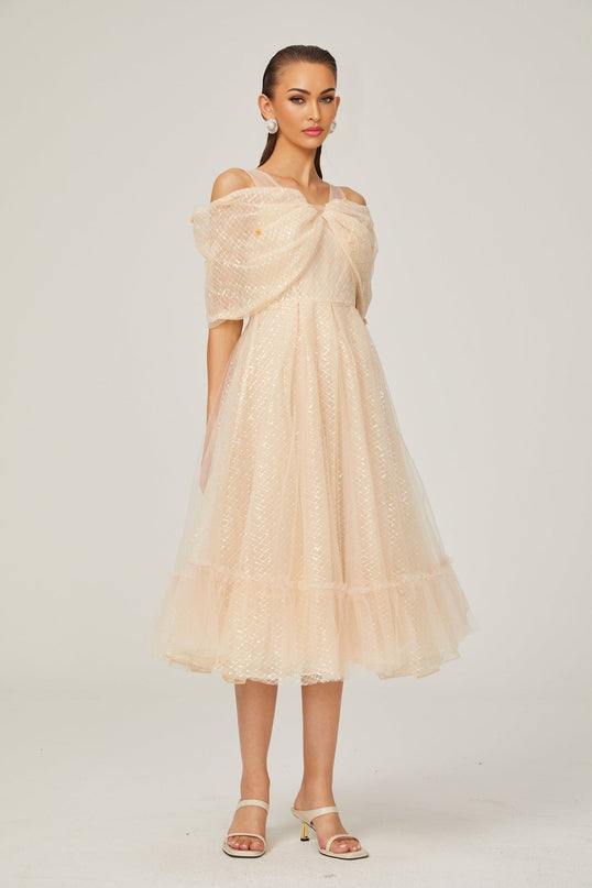 Miriam Check Pattern Midi Dress in Neutrals Sequin Embellished 3D Petal Detail Off-Shoulder Layered Silhouette Full Lining Rear Zip Fastening 100% Polyamide