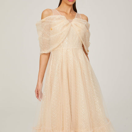 Miriam Check Pattern Midi Dress in Neutrals Sequin Embellished 3D Petal Off-Shoulder Layered Silhouette Full Lining Rear Zip Fastening 100% Polyamide