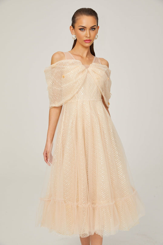 Miriam Check Pattern Midi Dress in Neutrals Sequin Embellished 3D Petal Off-Shoulder Layered Silhouette Full Lining Rear Zip Fastening 100% Polyamide