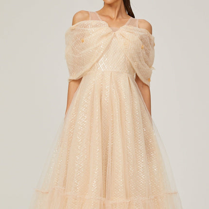 Miriam Check Pattern Midi Dress in Neutrals Sequin Embellishment 3D Petal Detailing Off-Shoulder Design Layered Silhouette Full Lining Rear Zip Fastening 100% Polyamide