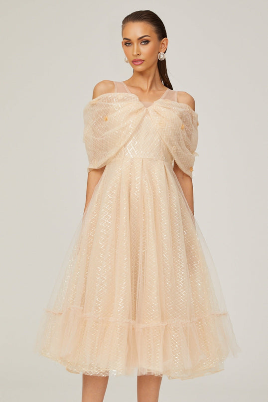 Miriam Check Pattern Midi Dress in Neutrals Sequin Embellishment 3D Petal Detailing Off-Shoulder Design Layered Silhouette Full Lining Rear Zip Fastening 100% Polyamide