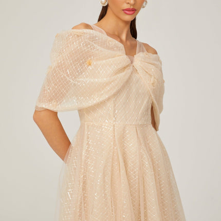 Miriam Check Pattern Midi Dress in Neutrals with Sequin Embellishment and 3D Petal Detailing