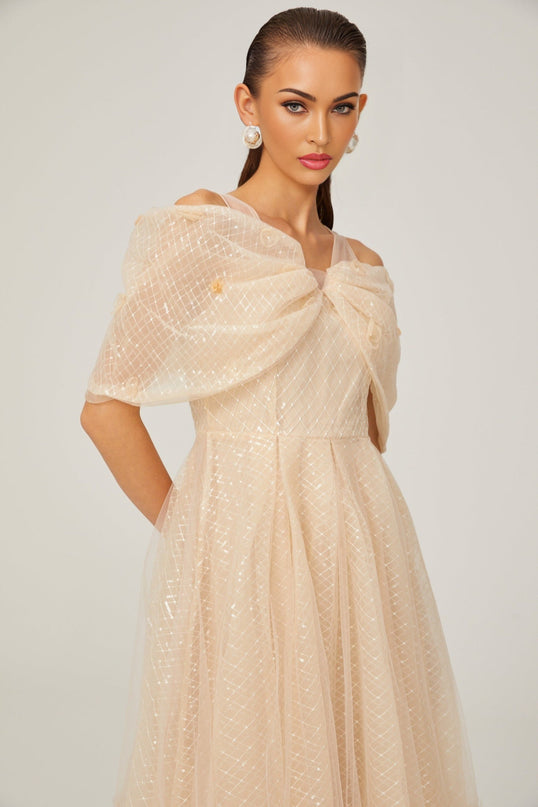 Miriam Check Pattern Midi Dress in Neutrals with Sequin Embellishment and 3D Petal Detailing