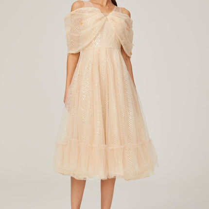Miriam Check Pattern Midi Dress in Neutrals Sequin Embellishment 3D Petal Detailing Off-Shoulder Design Layered Silhouette Full Lining Rear Zip Fastening Below-Knee Length 100% Polyamide