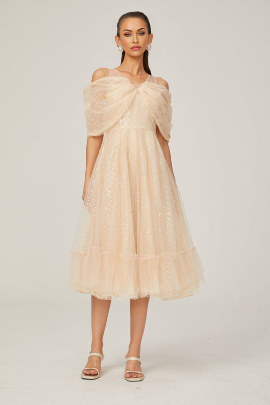 Miriam Check Pattern Midi Dress in Neutrals Sequin Embellishment 3D Petal Detailing Off-Shoulder Design Layered Silhouette Full Lining Rear Zip Fastening Below-Knee Length 100% Polyamide
