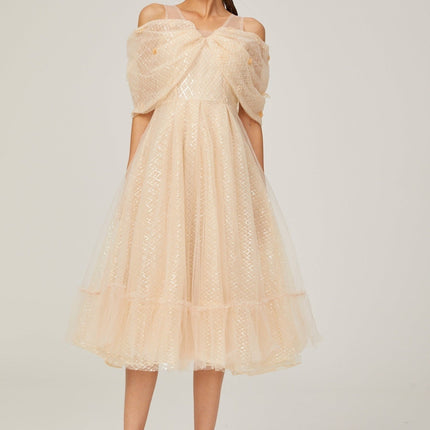 Miriam Check Pattern Midi Dress in Neutrals Sequin Embellishment 3D Petal Detailing Off-Shoulder Design Layered Silhouette Full Lining Rear Zip Fastening 100% Polyamide