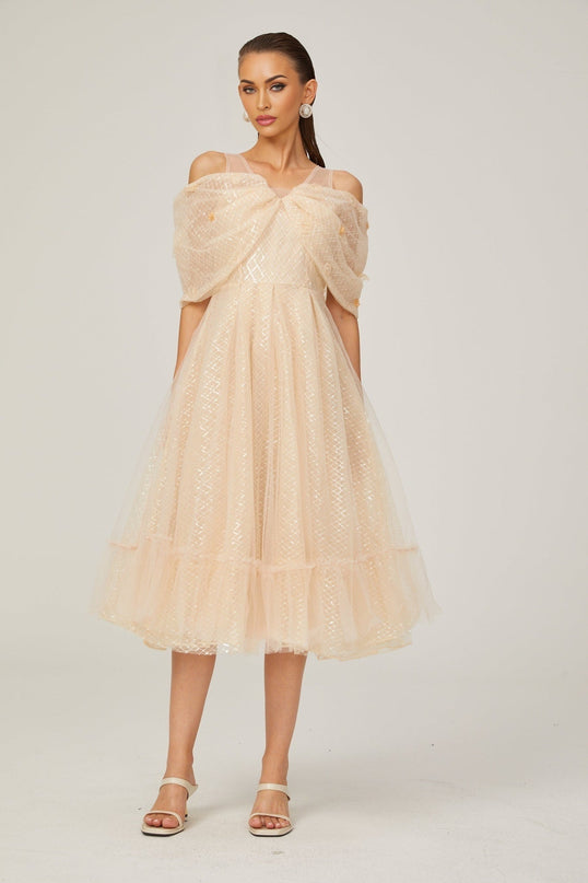 Miriam Check Pattern Midi Dress in Neutrals Sequin Embellishment 3D Petal Detailing Off-Shoulder Design Layered Silhouette Full Lining Rear Zip Fastening 100% Polyamide