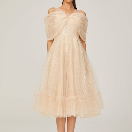 Miriam Check Pattern Midi Dress in Neutrals Sequin Embellishment 3D Petal Detailing Off-Shoulder Design Layered Silhouette Full Lining Rear Zip Fastening 100% Polyamide