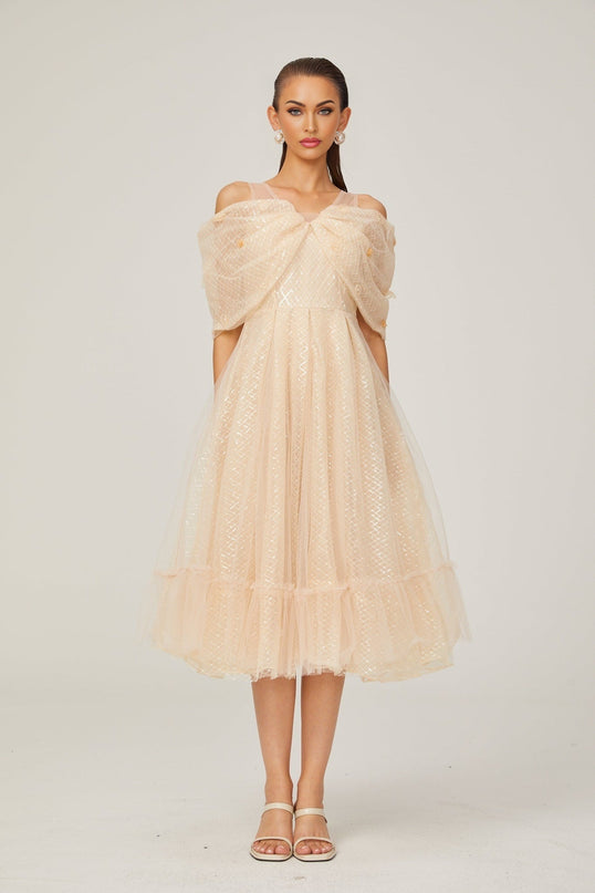 Miriam Check Pattern Midi Dress in Neutrals Sequin Embellishment 3D Petal Detailing Off-Shoulder Design Layered Silhouette Full Lining Rear Zip Fastening 100% Polyamide
